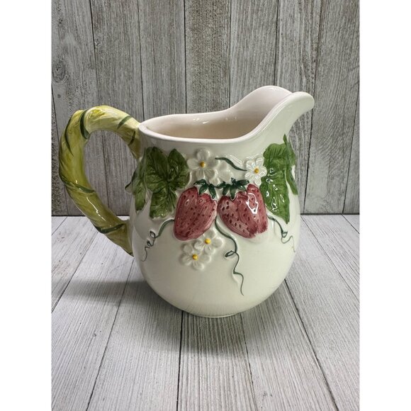 Vintage Neuwirth Pitcher Jug Porcelain Embossed Strawberry 6.5" Tall Portugal - Picture 2 of 7